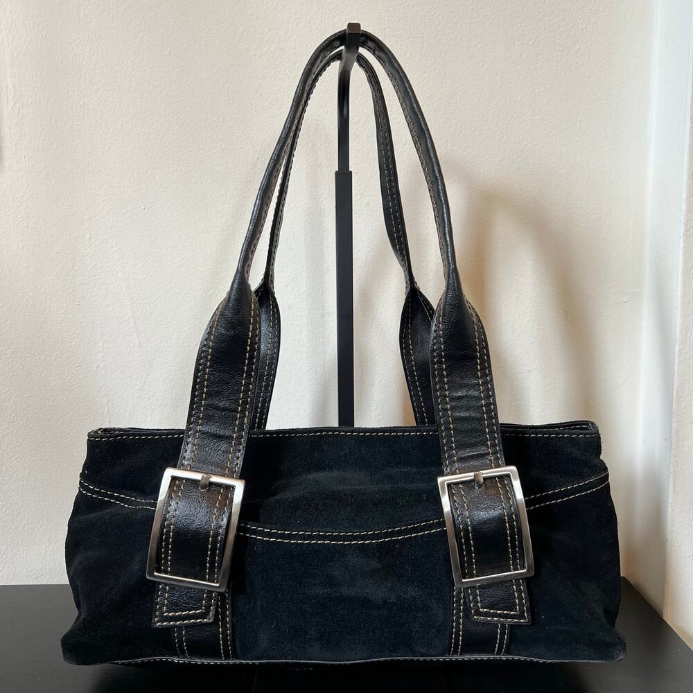 Apt. 9 Black Genuine Suede Leather East West Shoulder Bag Silver Buckle Hardware